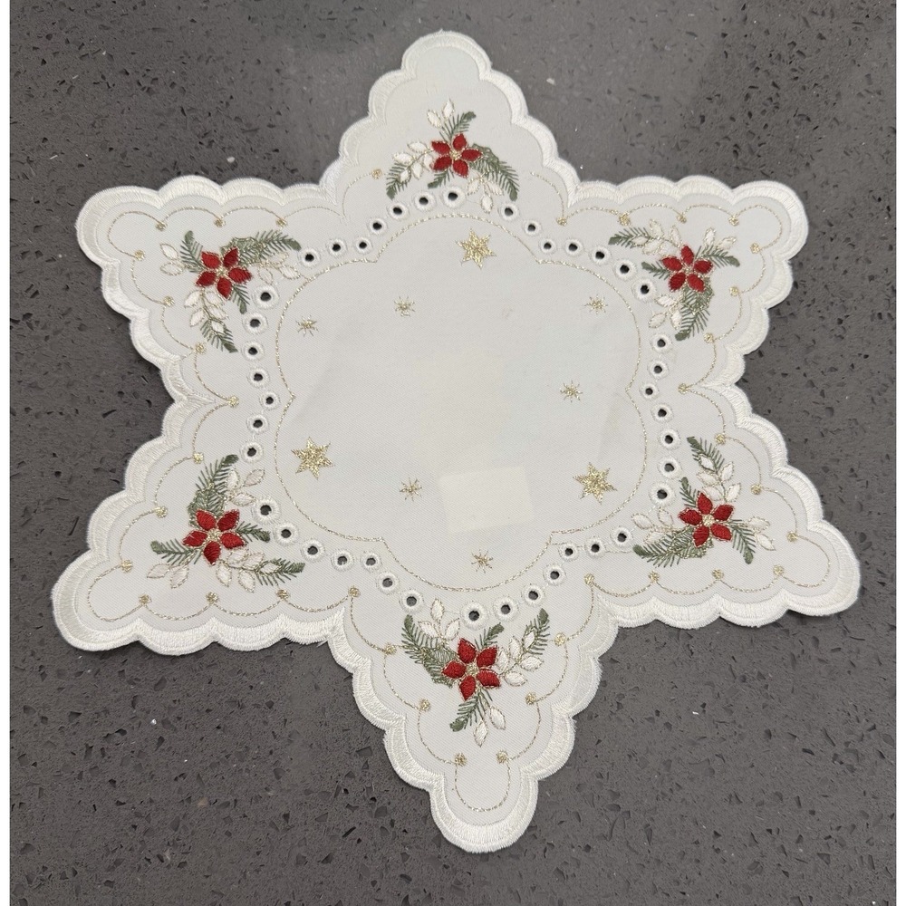 Star‎ Handmade Christmas Linen Red Flowers Tablecloth Doily Made In Germany